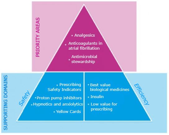 Image of a pyramid showing the three priority areas and supporting domains for the National Prescribing Indicators